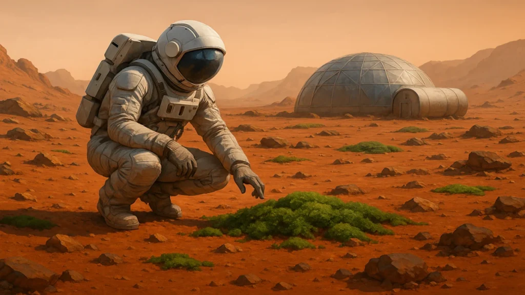 Astronavt opazuje mah na Marsu – raziskovanje morebitnega življenja