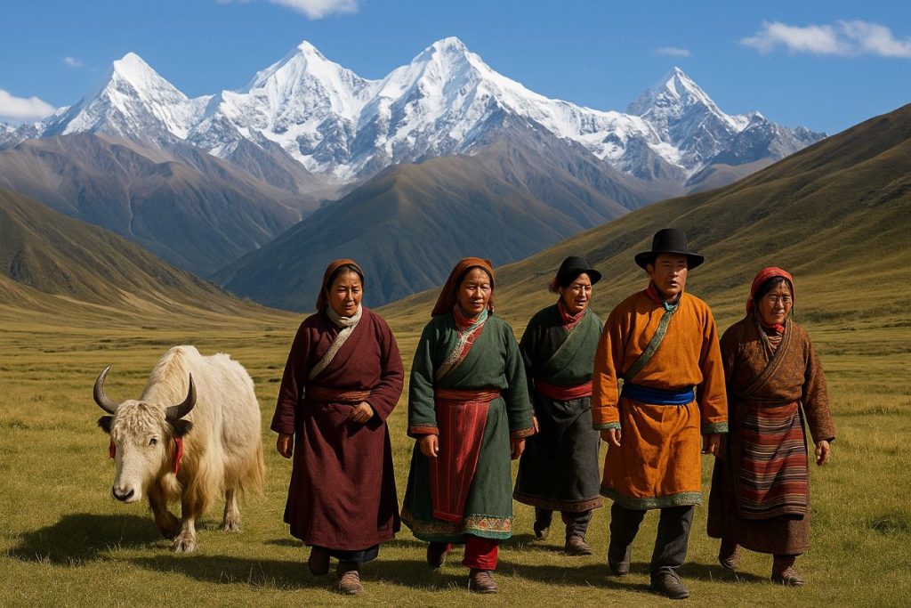 Tibetanski prebivalci hodijo po visokogorski planoti sredi gora, primer populacije s prilagoditvami na nizko raven kisika.